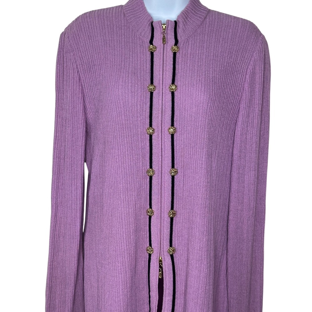 St. John Collection Cardigan 2 Purple Ribbed Zip Front Lion Button Santana Knit - Picture 4 of 8